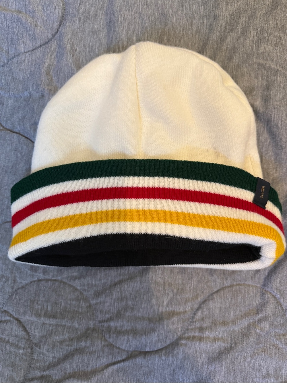 Pendleton Cream Beanie with Green, Red, Yellow & Black Striped Cuff